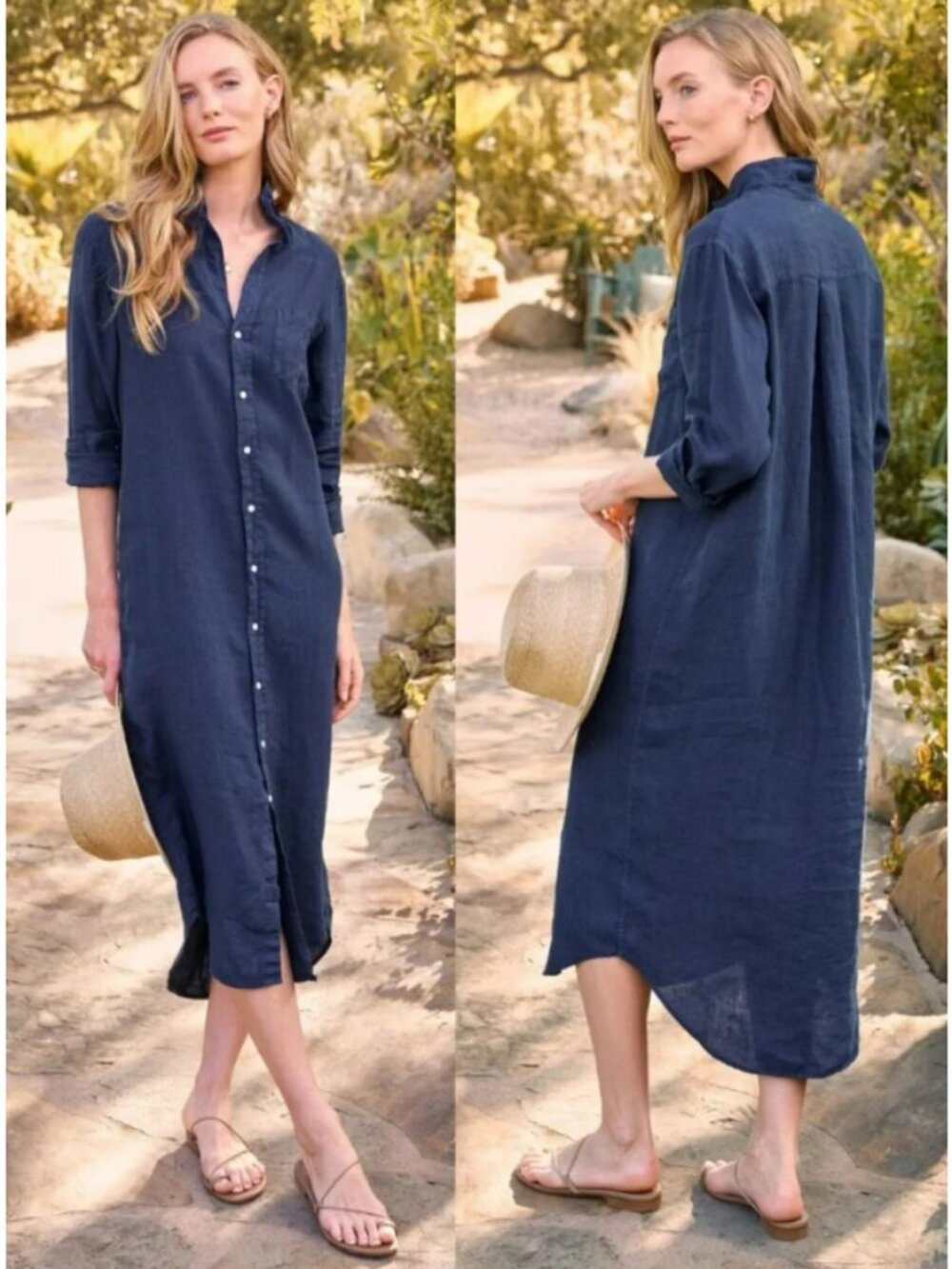 Frank & Eileen Navy Blue Linen Megan Midi Shirt Dress, Size OS